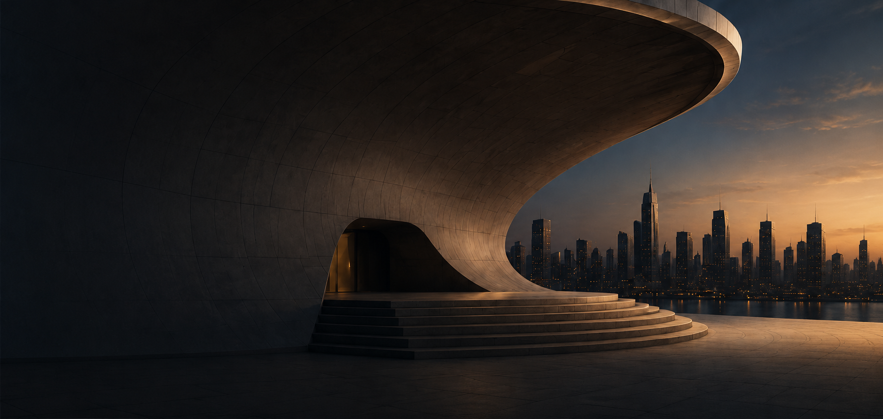 Warmly lit architectural interior overlooking a city skyline